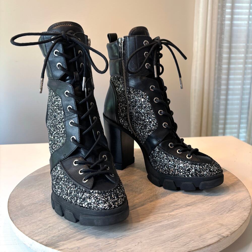 MICHAEL Michael Kors Ridley Glitter & Leather Lace-Up Booties Boots US Size 9.5